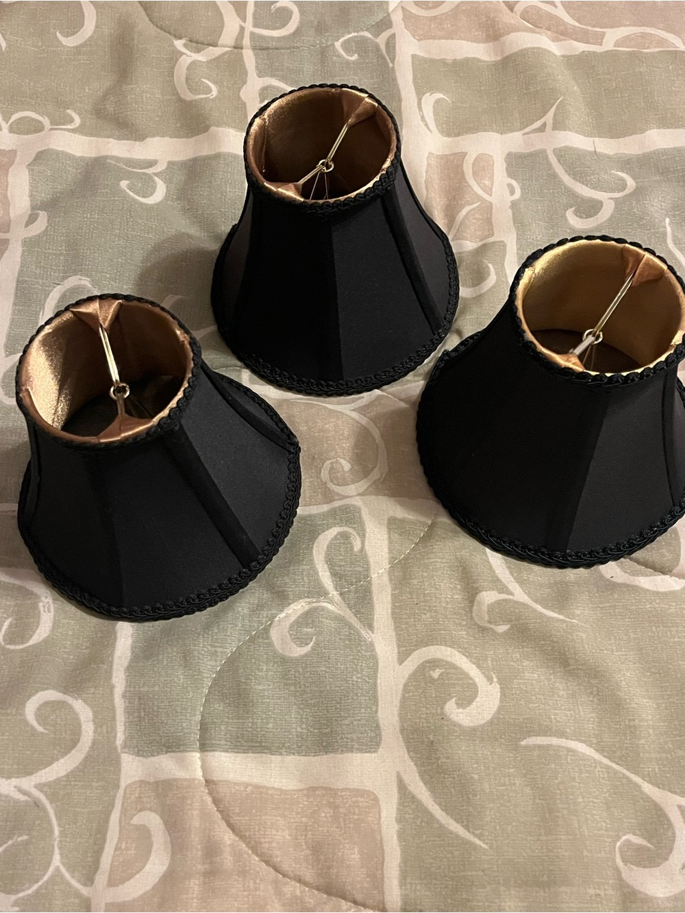Set of 3 Clip-On Empire Lamp Shades Black/Gold Lined Fabric Metal 6in